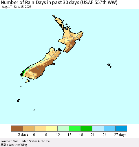 New Zealand Number of Rain Days in past 30 days (USAF 557th WW) 09/15/2023 Thematic Map For 9/11/2023 - 9/15/2023