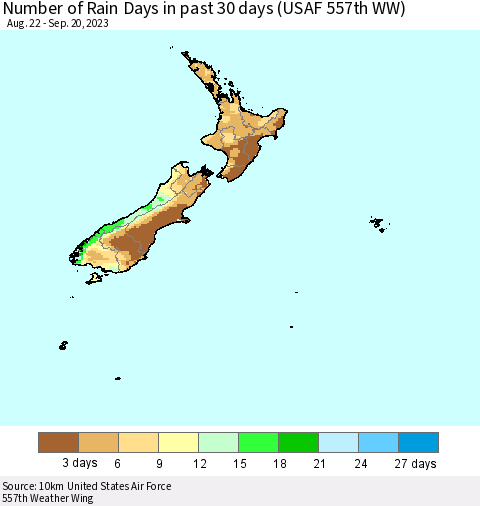 New Zealand Number of Rain Days in past 30 days (USAF 557th WW) 09/20/2023 Thematic Map For 9/16/2023 - 9/20/2023