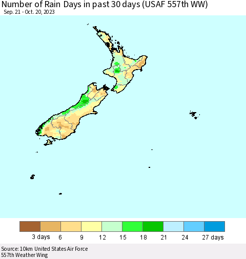 New Zealand Number of Rain Days in past 30 days (USAF 557th WW) 10/20/2023 Thematic Map For 10/16/2023 - 10/20/2023