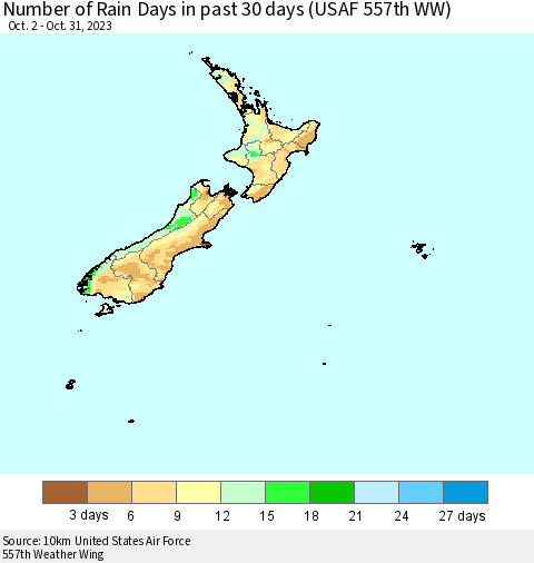 New Zealand Number of Rain Days in past 30 days (USAF 557th WW) 10/31/2023 Thematic Map For 10/26/2023 - 10/31/2023