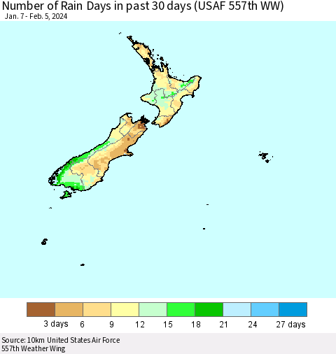 New Zealand Number of Rain Days in past 30 days (USAF 557th WW) 02/05/2024 Thematic Map For 2/1/2024 - 2/5/2024