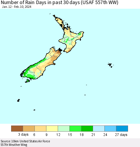 New Zealand Number of Rain Days in past 30 days (USAF 557th WW) 02/10/2024 Thematic Map For 2/6/2024 - 2/10/2024
