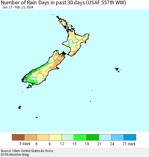 New Zealand Number of Rain Days in past 30 days (USAF 557th WW) 02/15/2024 Thematic Map For 2/11/2024 - 2/15/2024