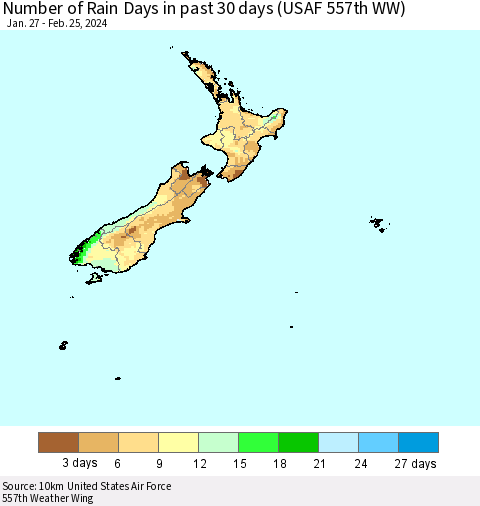 New Zealand Number of Rain Days in past 30 days (USAF 557th WW) 02/25/2024 Thematic Map For 2/21/2024 - 2/25/2024