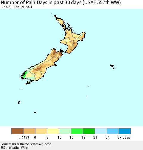 New Zealand Number of Rain Days in past 30 days (USAF 557th WW) 02/29/2024 Thematic Map For 2/26/2024 - 2/29/2024