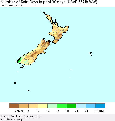 New Zealand Number of Rain Days in past 30 days (USAF 557th WW) 03/05/2024 Thematic Map For 3/1/2024 - 3/5/2024