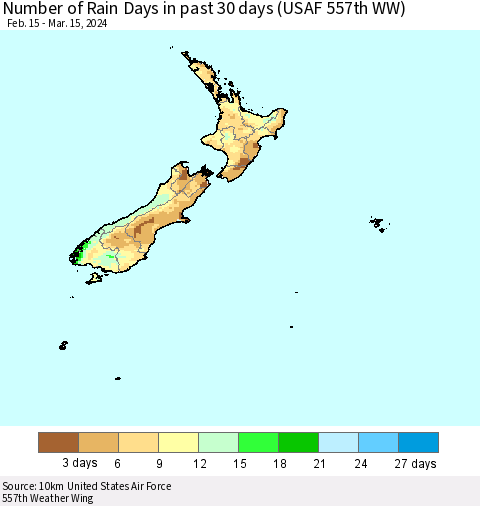 New Zealand Number of Rain Days in past 30 days (USAF 557th WW) 03/15/2024 Thematic Map For 3/11/2024 - 3/15/2024