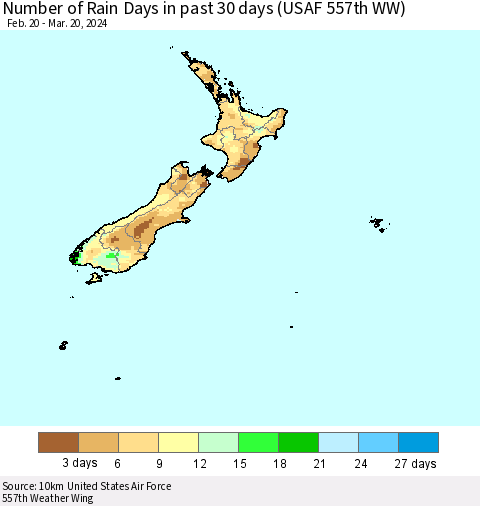 New Zealand Number of Rain Days in past 30 days (USAF 557th WW) 03/20/2024 Thematic Map For 3/16/2024 - 3/20/2024