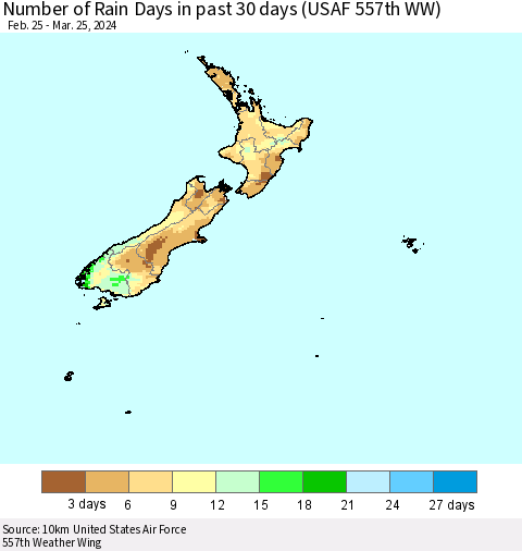New Zealand Number of Rain Days in past 30 days (USAF 557th WW) 03/25/2024 Thematic Map For 3/21/2024 - 3/25/2024