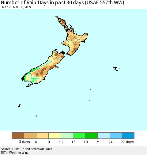New Zealand Number of Rain Days in past 30 days (USAF 557th WW) 03/31/2024 Thematic Map For 3/26/2024 - 3/31/2024