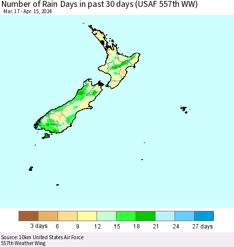 New Zealand Number of Rain Days in past 30 days (USAF 557th WW) 04/15/2024 Thematic Map For 4/11/2024 - 4/15/2024