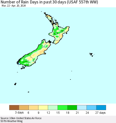 New Zealand Number of Rain Days in past 30 days (USAF 557th WW) 04/20/2024 Thematic Map For 4/16/2024 - 4/20/2024