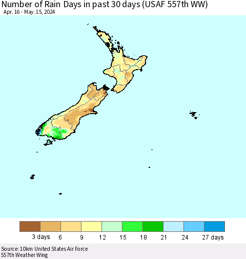 New Zealand Number of Rain Days in past 30 days (USAF 557th WW) 05/15/2024 Thematic Map For 5/11/2024 - 5/15/2024