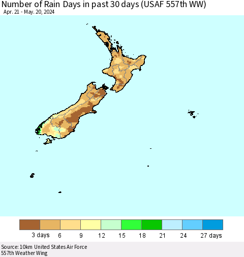 New Zealand Number of Rain Days in past 30 days (USAF 557th WW) 05/20/2024 Thematic Map For 5/16/2024 - 5/20/2024