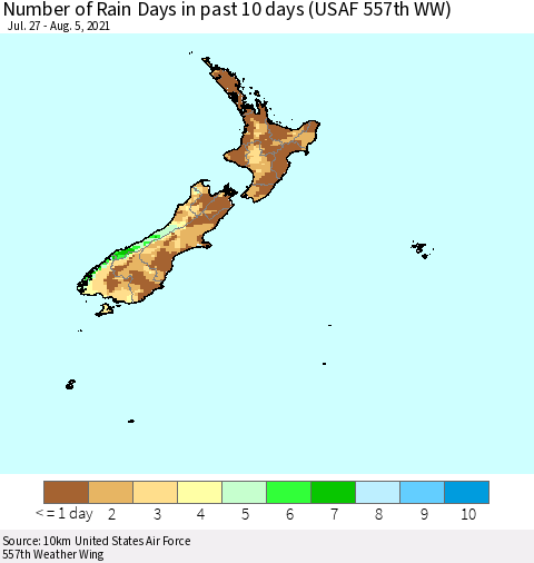 New Zealand Number of Rain Days in past 10 days (USAF 557th WW) Thematic Map For 8/1/2021 - 8/5/2021