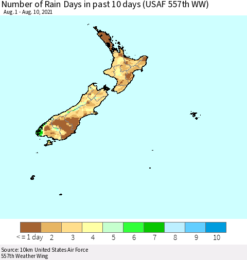 New Zealand Number of Rain Days in past 10 days (USAF 557th WW) Thematic Map For 8/6/2021 - 8/10/2021