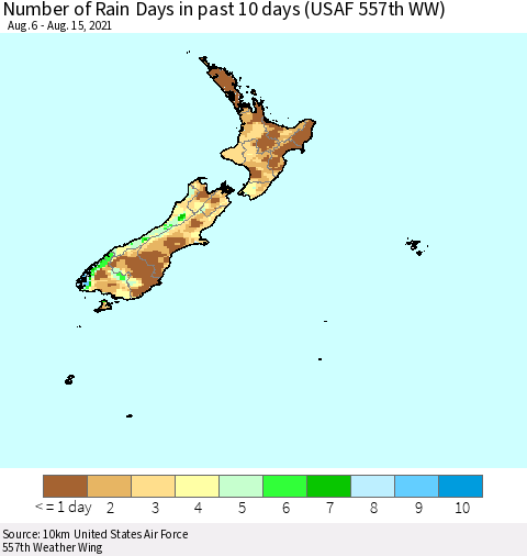 New Zealand Number of Rain Days in past 10 days (USAF 557th WW) Thematic Map For 8/11/2021 - 8/15/2021