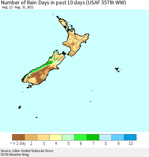 New Zealand Number of Rain Days in past 10 days (USAF 557th WW) Thematic Map For 8/26/2021 - 8/31/2021