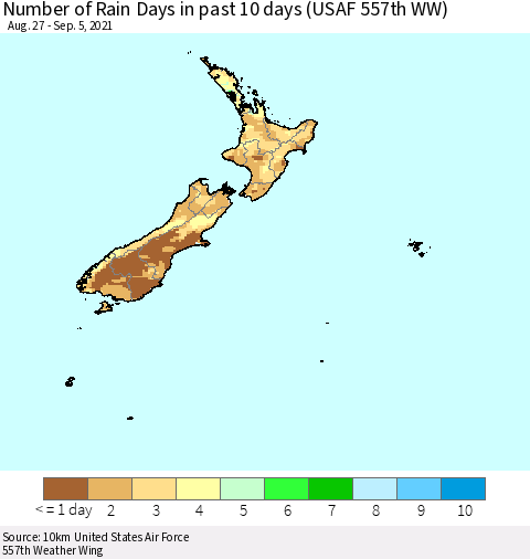 New Zealand Number of Rain Days in past 10 days (USAF 557th WW) Thematic Map For 9/1/2021 - 9/5/2021