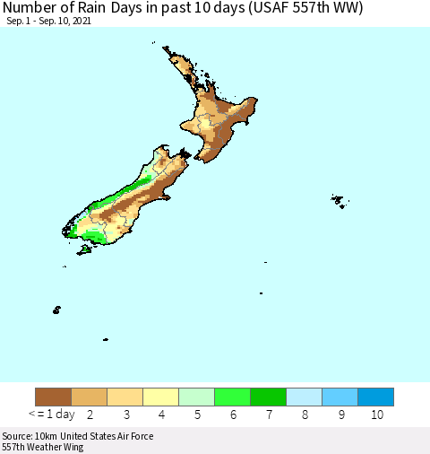 New Zealand Number of Rain Days in past 10 days (USAF 557th WW) Thematic Map For 9/6/2021 - 9/10/2021