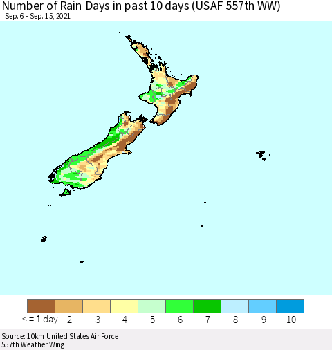 New Zealand Number of Rain Days in past 10 days (USAF 557th WW) Thematic Map For 9/11/2021 - 9/15/2021