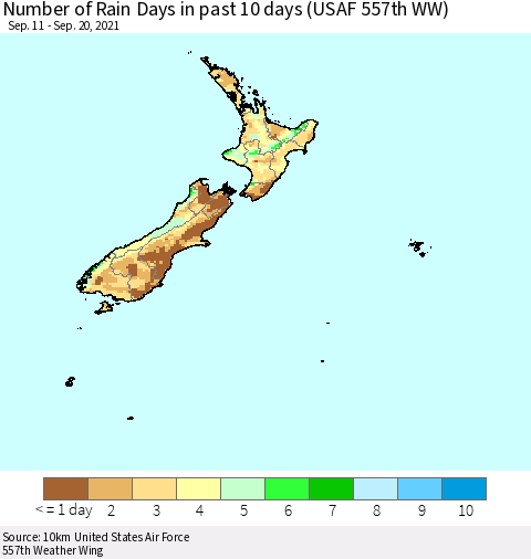 New Zealand Number of Rain Days in past 10 days (USAF 557th WW) Thematic Map For 9/16/2021 - 9/20/2021