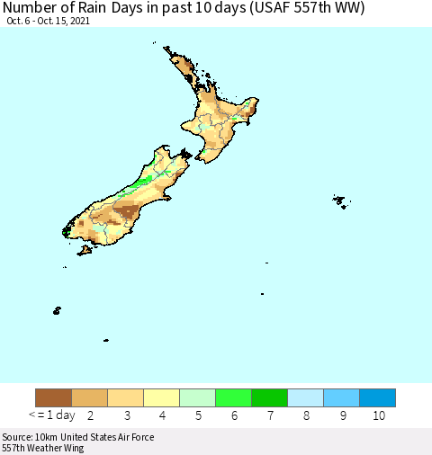 New Zealand Number of Rain Days in past 10 days (USAF 557th WW) Thematic Map For 10/11/2021 - 10/15/2021