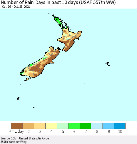 New Zealand Number of Rain Days in past 10 days (USAF 557th WW) Thematic Map For 10/21/2021 - 10/25/2021