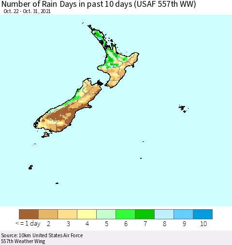 New Zealand Number of Rain Days in past 10 days (USAF 557th WW) Thematic Map For 10/26/2021 - 10/31/2021