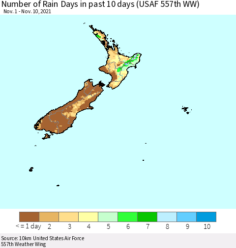 New Zealand Number of Rain Days in past 10 days (USAF 557th WW) Thematic Map For 11/6/2021 - 11/10/2021