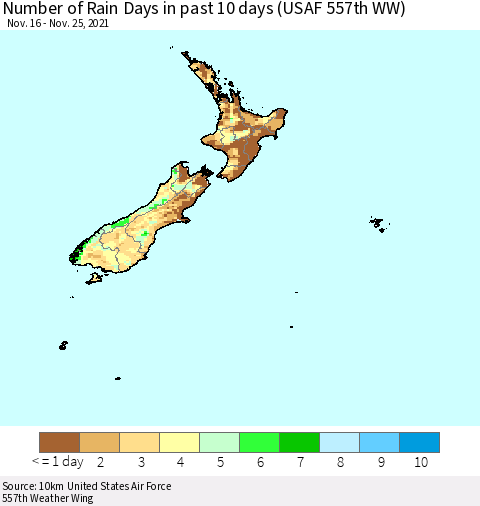 New Zealand Number of Rain Days in past 10 days (USAF 557th WW) Thematic Map For 11/21/2021 - 11/25/2021