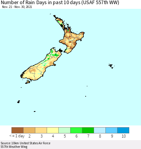 New Zealand Number of Rain Days in past 10 days (USAF 557th WW) Thematic Map For 11/26/2021 - 11/30/2021