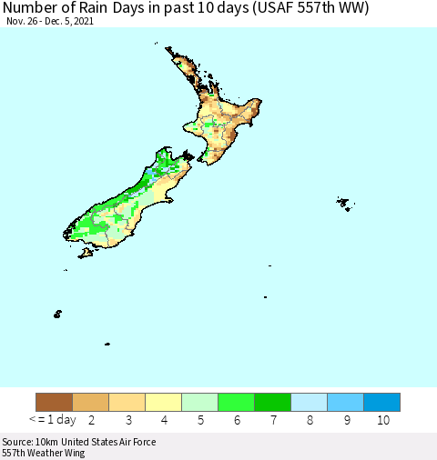 New Zealand Number of Rain Days in past 10 days (USAF 557th WW) Thematic Map For 12/1/2021 - 12/5/2021