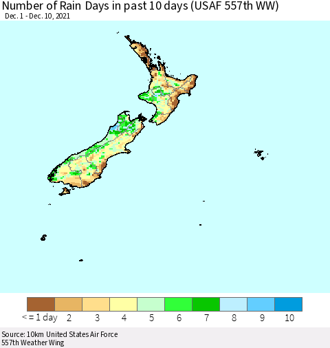 New Zealand Number of Rain Days in past 10 days (USAF 557th WW) Thematic Map For 12/6/2021 - 12/10/2021