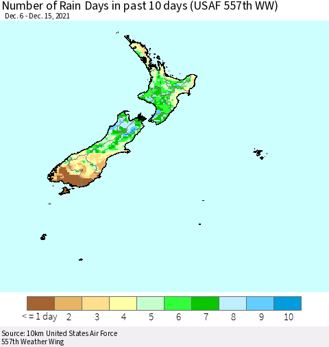 New Zealand Number of Rain Days in past 10 days (USAF 557th WW) Thematic Map For 12/11/2021 - 12/15/2021