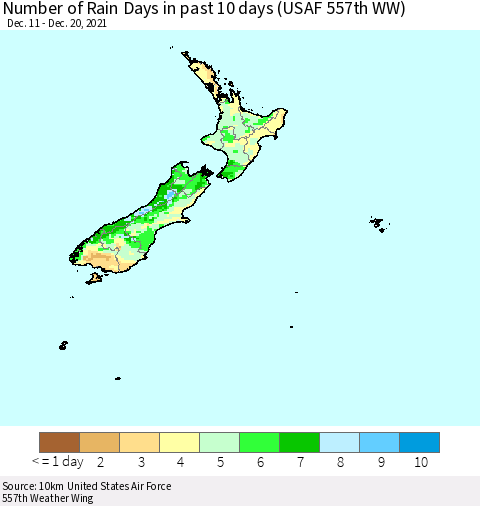 New Zealand Number of Rain Days in past 10 days (USAF 557th WW) Thematic Map For 12/16/2021 - 12/20/2021