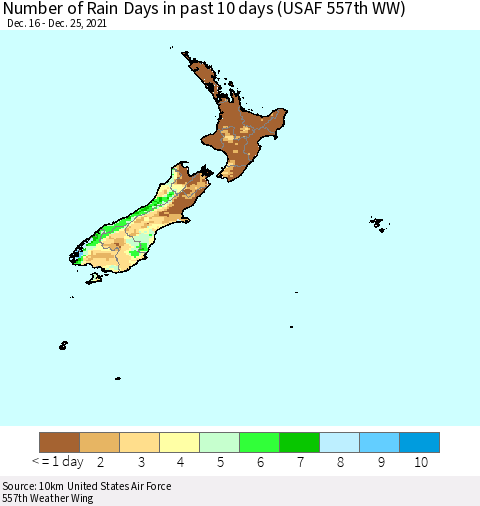 New Zealand Number of Rain Days in past 10 days (USAF 557th WW) Thematic Map For 12/21/2021 - 12/25/2021
