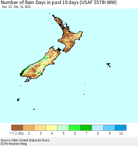 New Zealand Number of Rain Days in past 10 days (USAF 557th WW) Thematic Map For 12/26/2021 - 12/31/2021