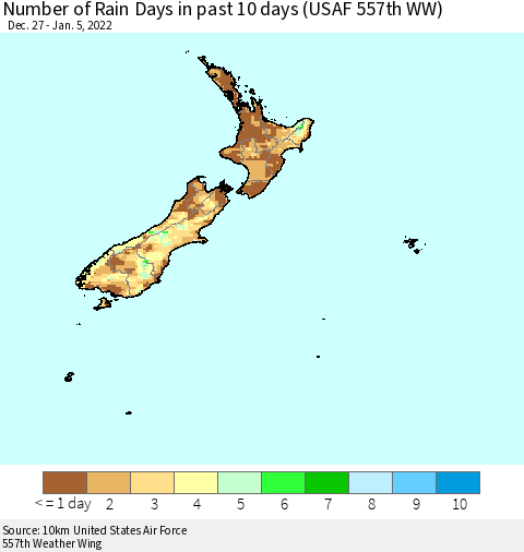 New Zealand Number of Rain Days in past 10 days (USAF 557th WW) Thematic Map For 1/1/2022 - 1/5/2022