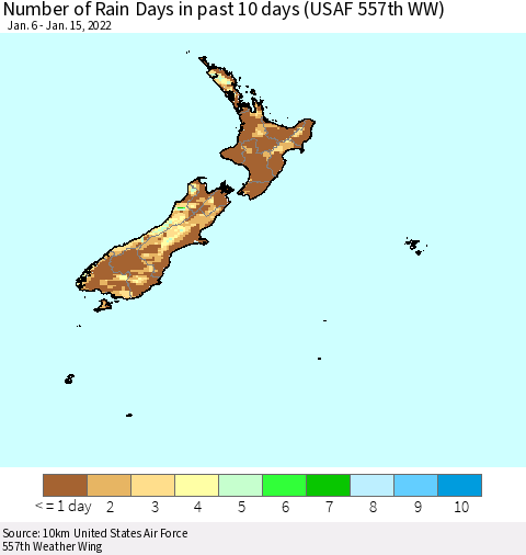 New Zealand Number of Rain Days in past 10 days (USAF 557th WW) Thematic Map For 1/11/2022 - 1/15/2022