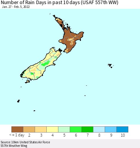 New Zealand Number of Rain Days in past 10 days (USAF 557th WW) Thematic Map For 2/1/2022 - 2/5/2022