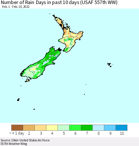 New Zealand Number of Rain Days in past 10 days (USAF 557th WW) Thematic Map For 2/6/2022 - 2/10/2022