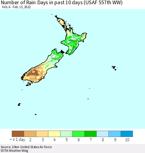New Zealand Number of Rain Days in past 10 days (USAF 557th WW) Thematic Map For 2/11/2022 - 2/15/2022