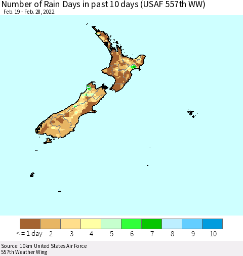 New Zealand Number of Rain Days in past 10 days (USAF 557th WW) Thematic Map For 2/26/2022 - 2/28/2022