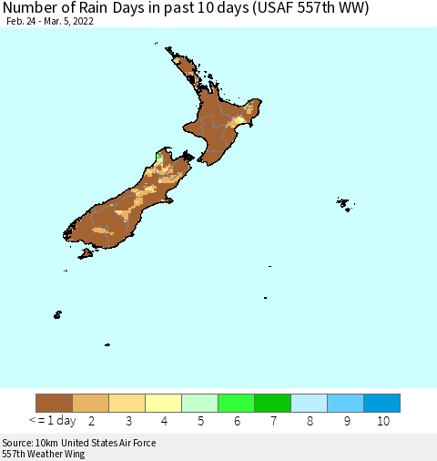 New Zealand Number of Rain Days in past 10 days (USAF 557th WW) Thematic Map For 3/1/2022 - 3/5/2022