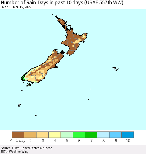 New Zealand Number of Rain Days in past 10 days (USAF 557th WW) Thematic Map For 3/11/2022 - 3/15/2022