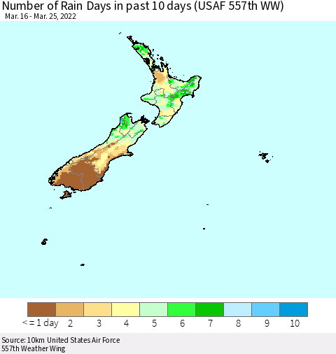New Zealand Number of Rain Days in past 10 days (USAF 557th WW) Thematic Map For 3/21/2022 - 3/25/2022