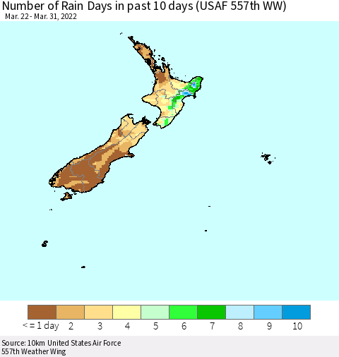 New Zealand Number of Rain Days in past 10 days (USAF 557th WW) Thematic Map For 3/26/2022 - 3/31/2022