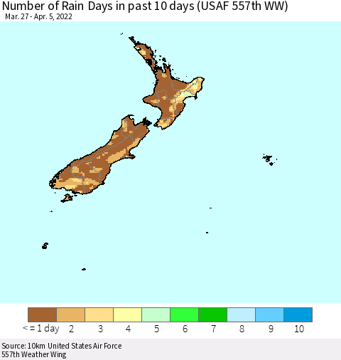 New Zealand Number of Rain Days in past 10 days (USAF 557th WW) Thematic Map For 4/1/2022 - 4/5/2022