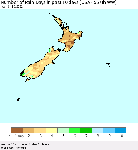 New Zealand Number of Rain Days in past 10 days (USAF 557th WW) Thematic Map For 4/6/2022 - 4/10/2022
